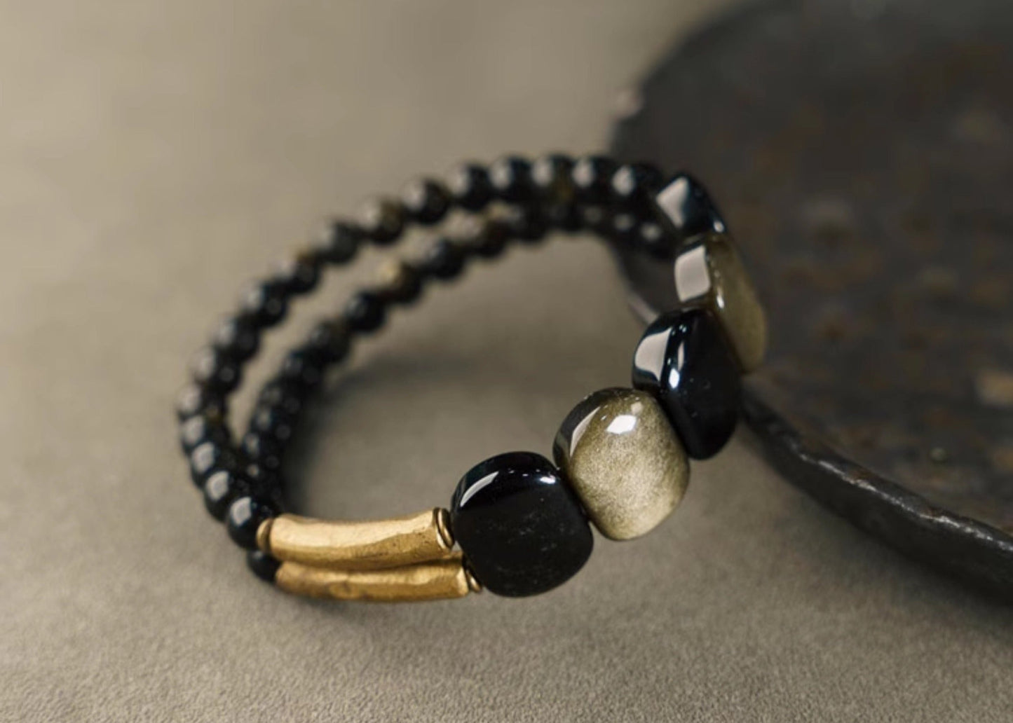 Black Obsidian Cat's Eye Double-Layer Bracelet