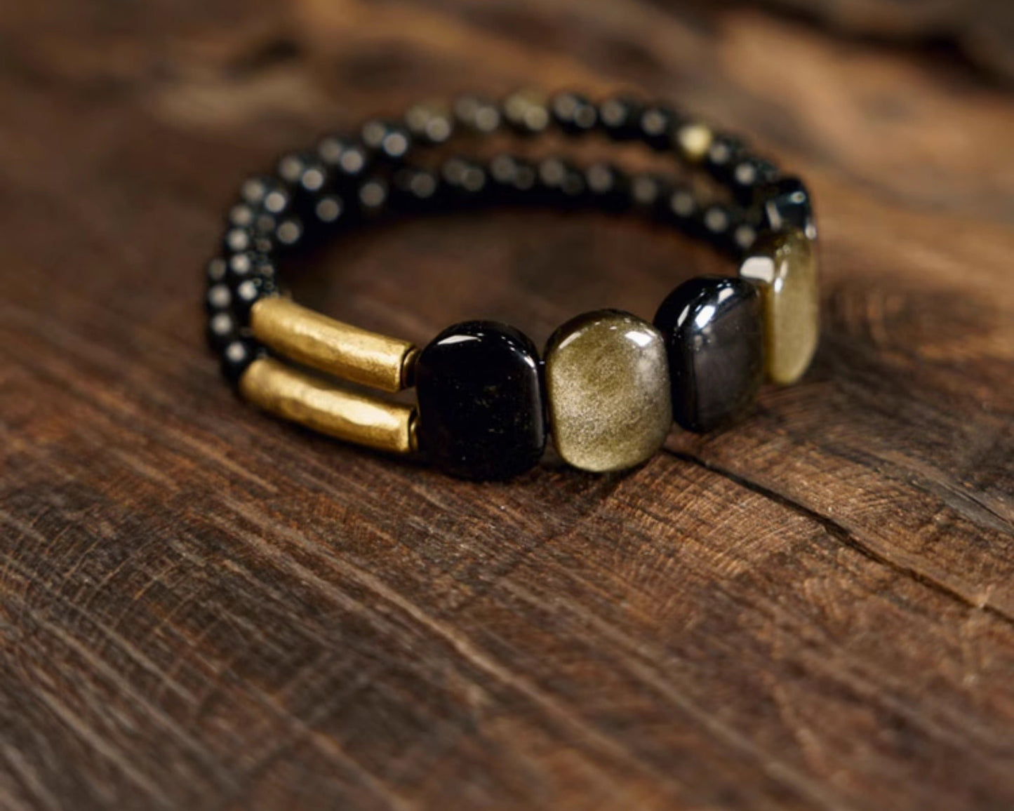 Black Obsidian Cat's Eye Double-Layer Bracelet