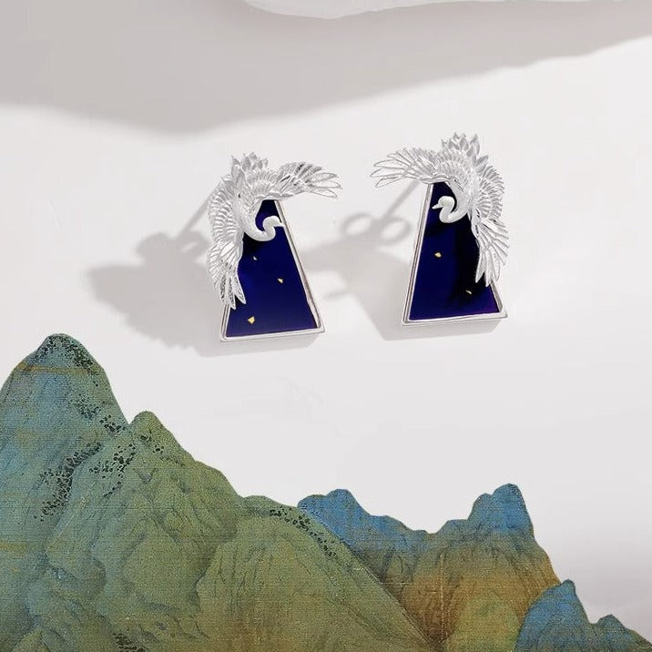 Enchanting Crane & Scenic Landscape Earrings