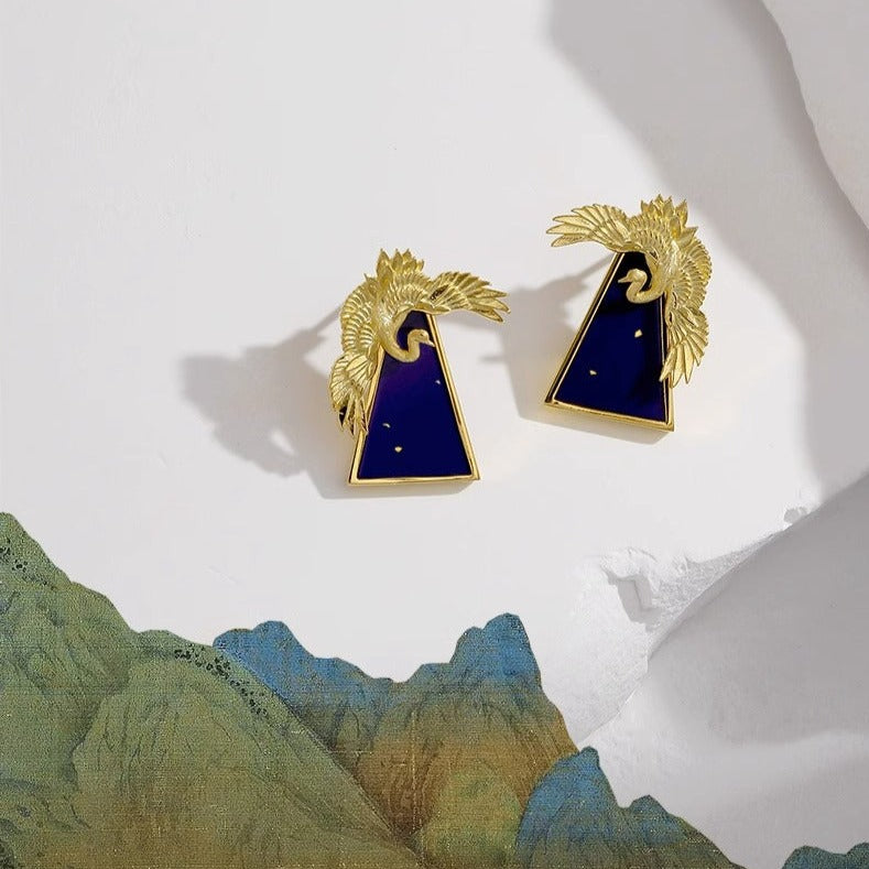 Enchanting Crane & Scenic Landscape Earrings